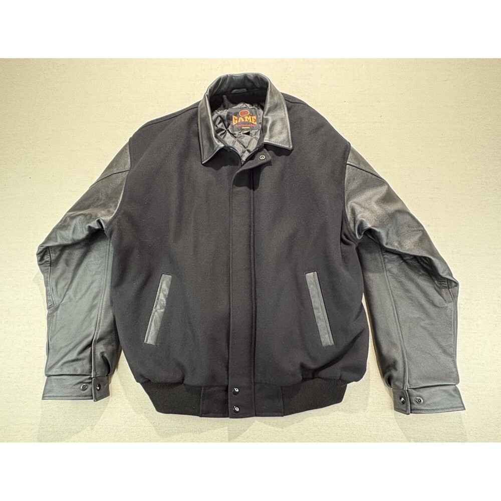 GAME Sportswear Varsity Jacket 3XL Black Wool Cowhide Leather Sleeves Bomber